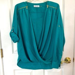 Teal green Calvin Klein blouse long rolled sleeves